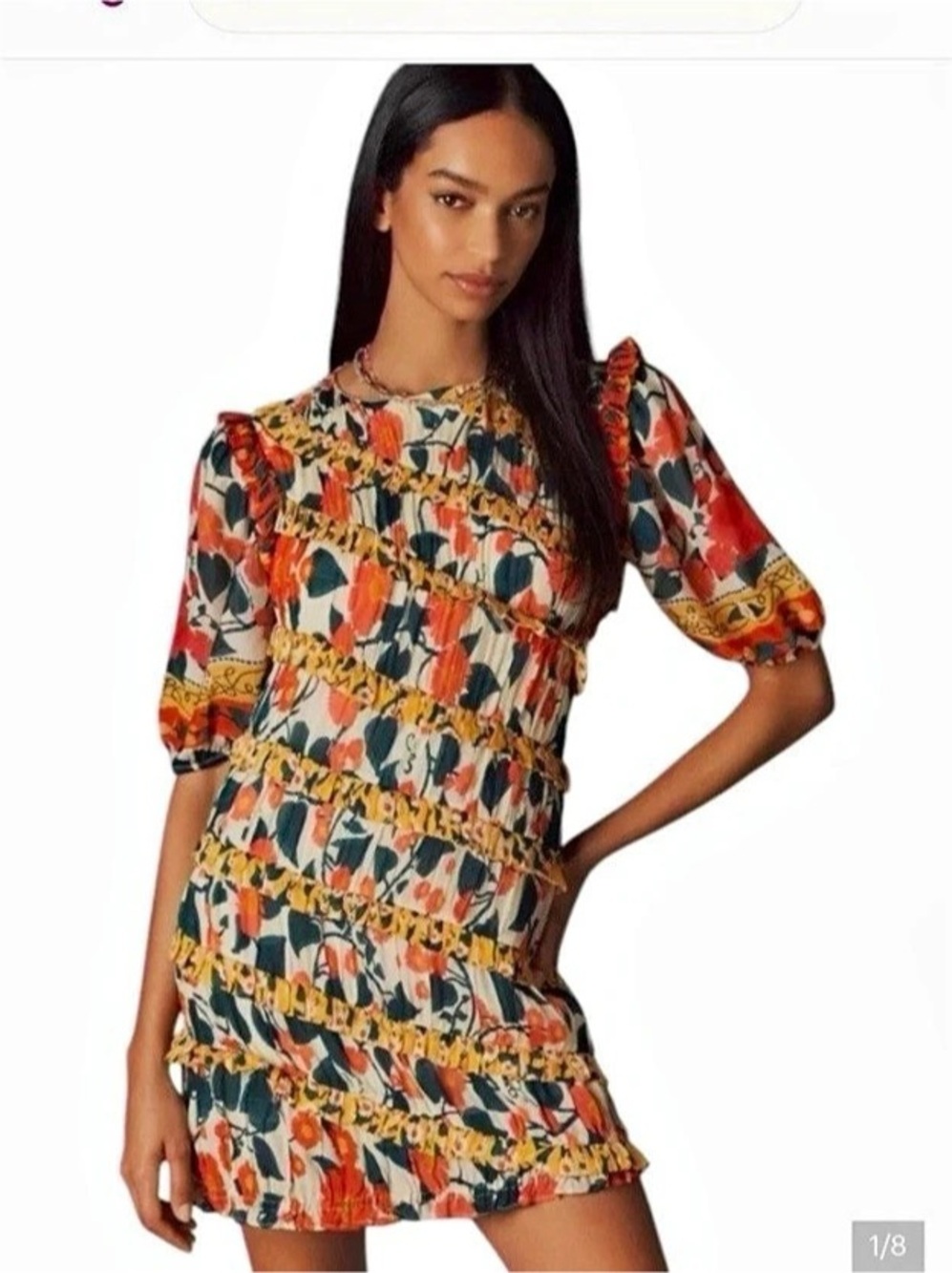 Farm Rio Aje Fleur Mini Dress Floral Orange & Blue